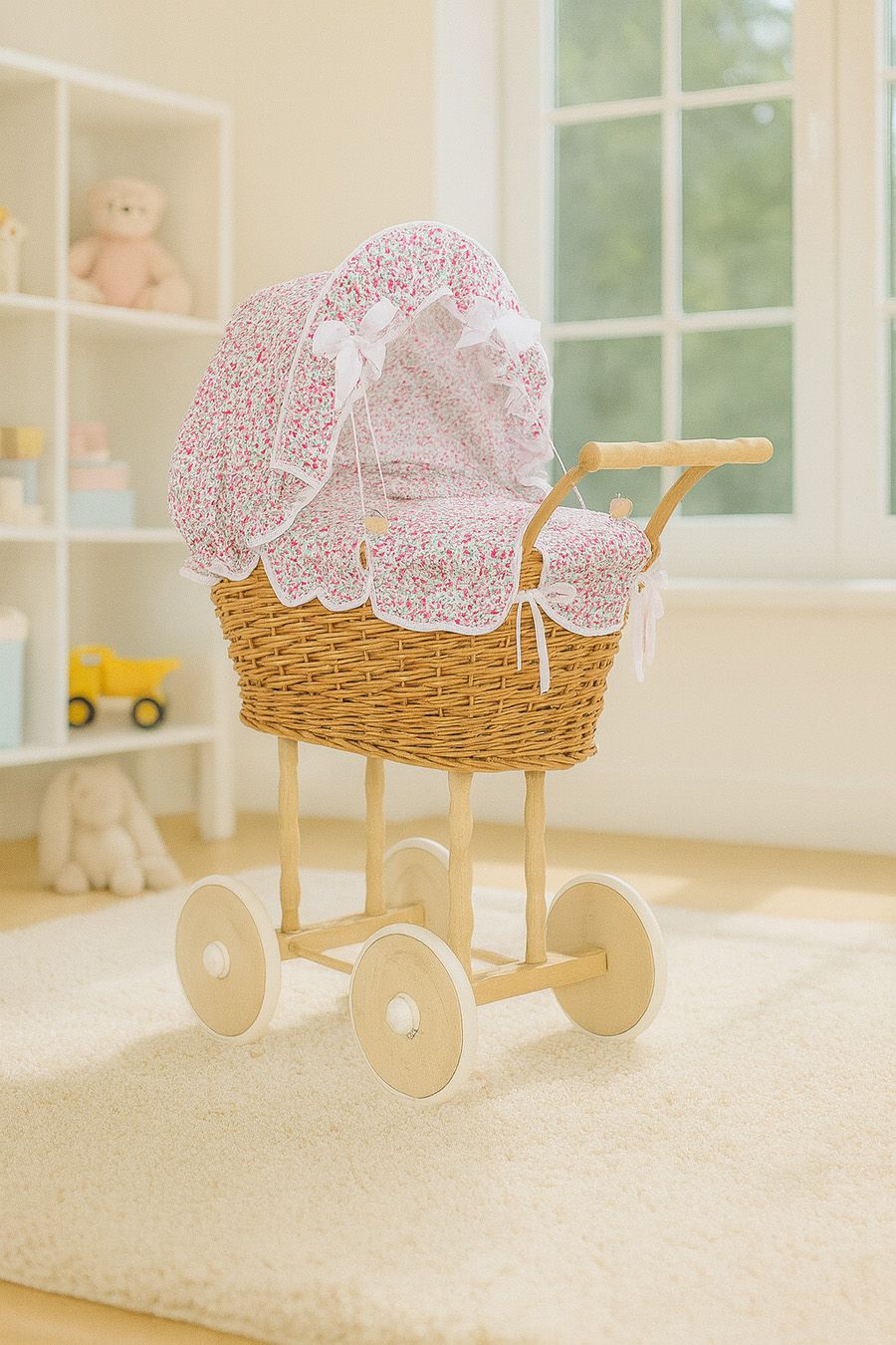 Wicker dolls' pram with pink bedding and padding NATALIA natural