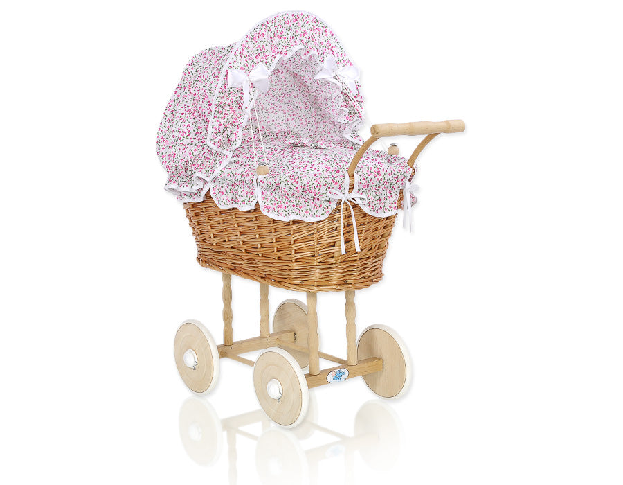 Wicker dolls' pram with pink bedding and padding NATALIA natural