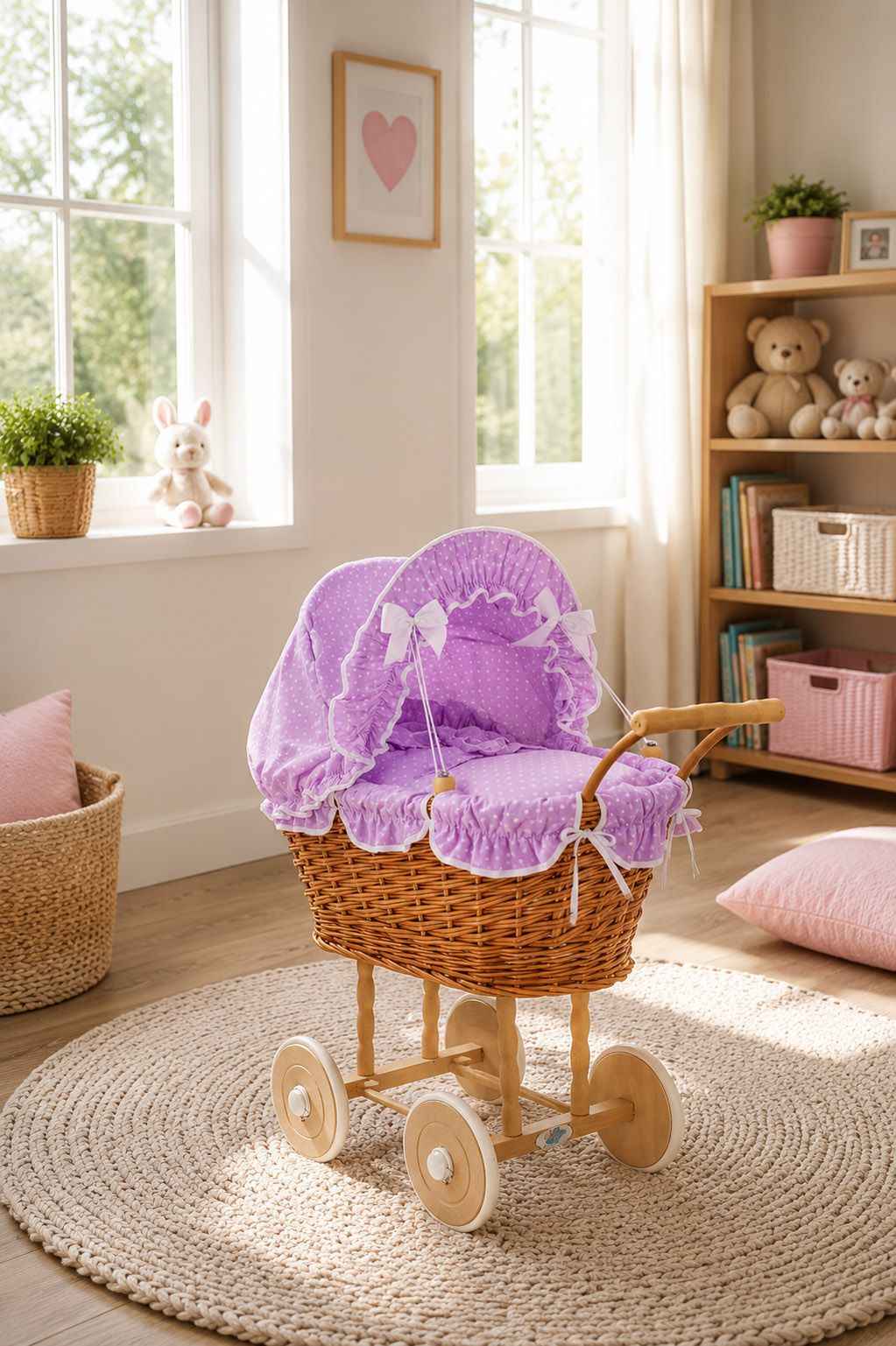 Wicker dolls' pram with lila bedding and padding NATALIA natural