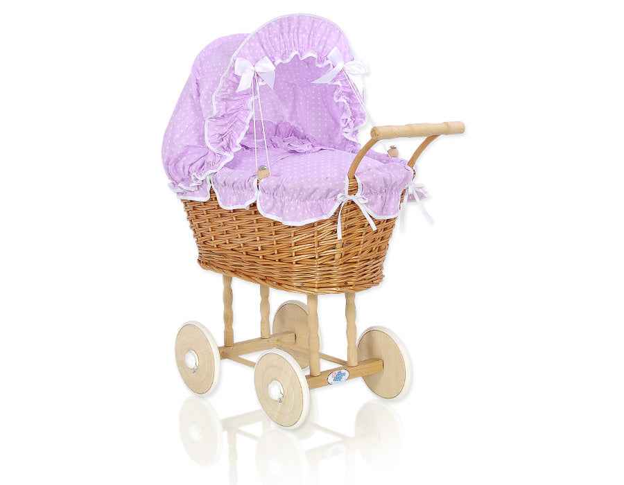 Wicker dolls' pram with lila bedding and padding NATALIA natural
