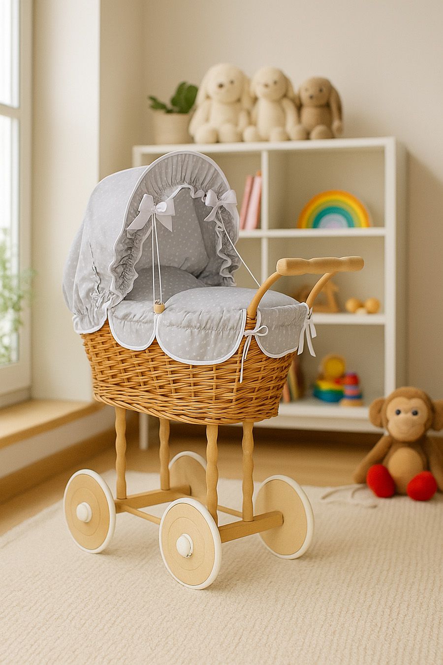 Wicker dolls' pram with grey bedding and padding NATALIA natural