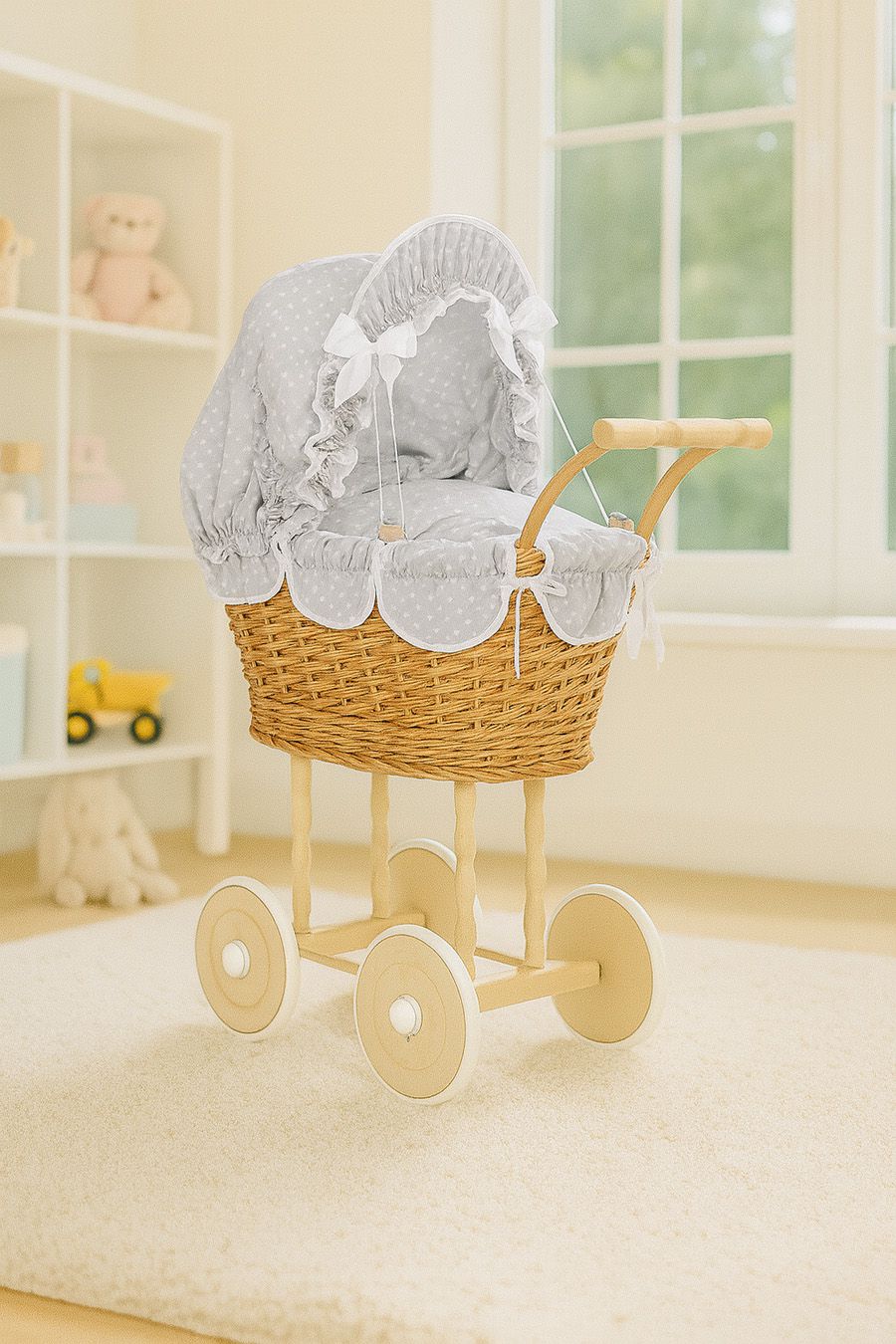 Wicker dolls' pram with grey bedding and padding NATALIA natural