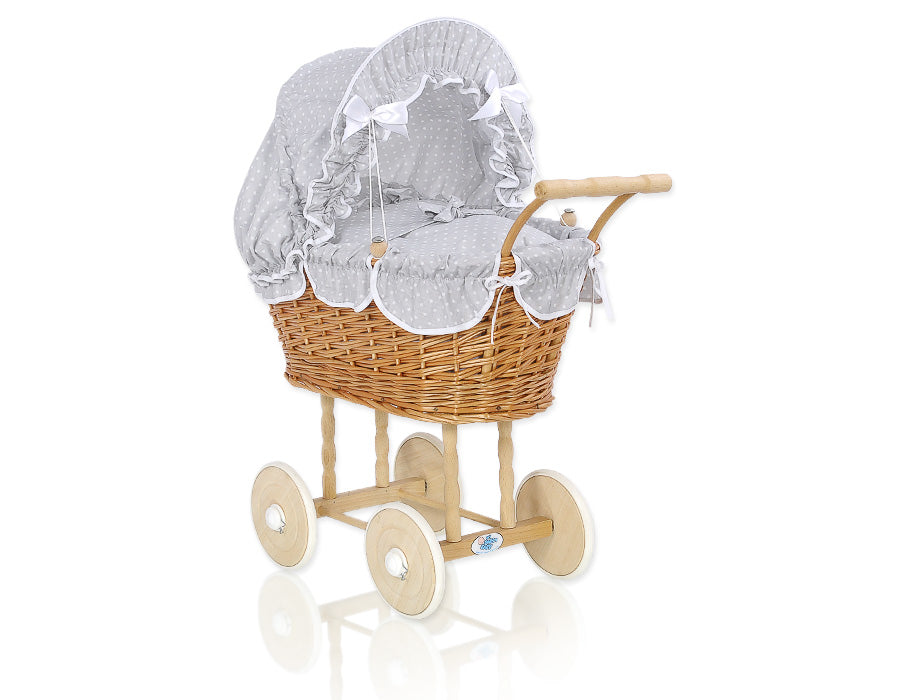 Wicker dolls' pram with grey bedding and padding NATALIA natural