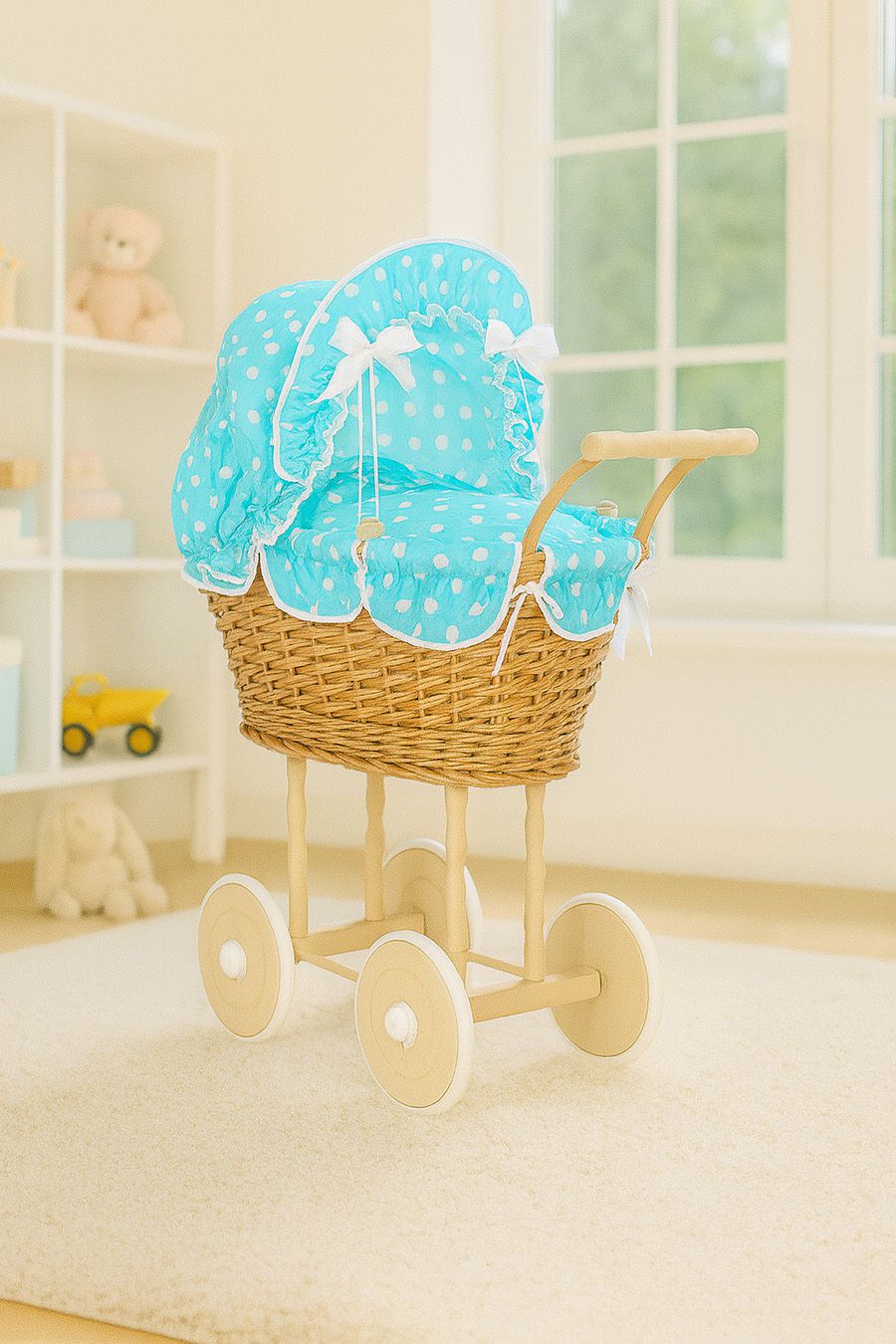Wicker dolls' pram with turquoise bedding and padding NATALIA natural