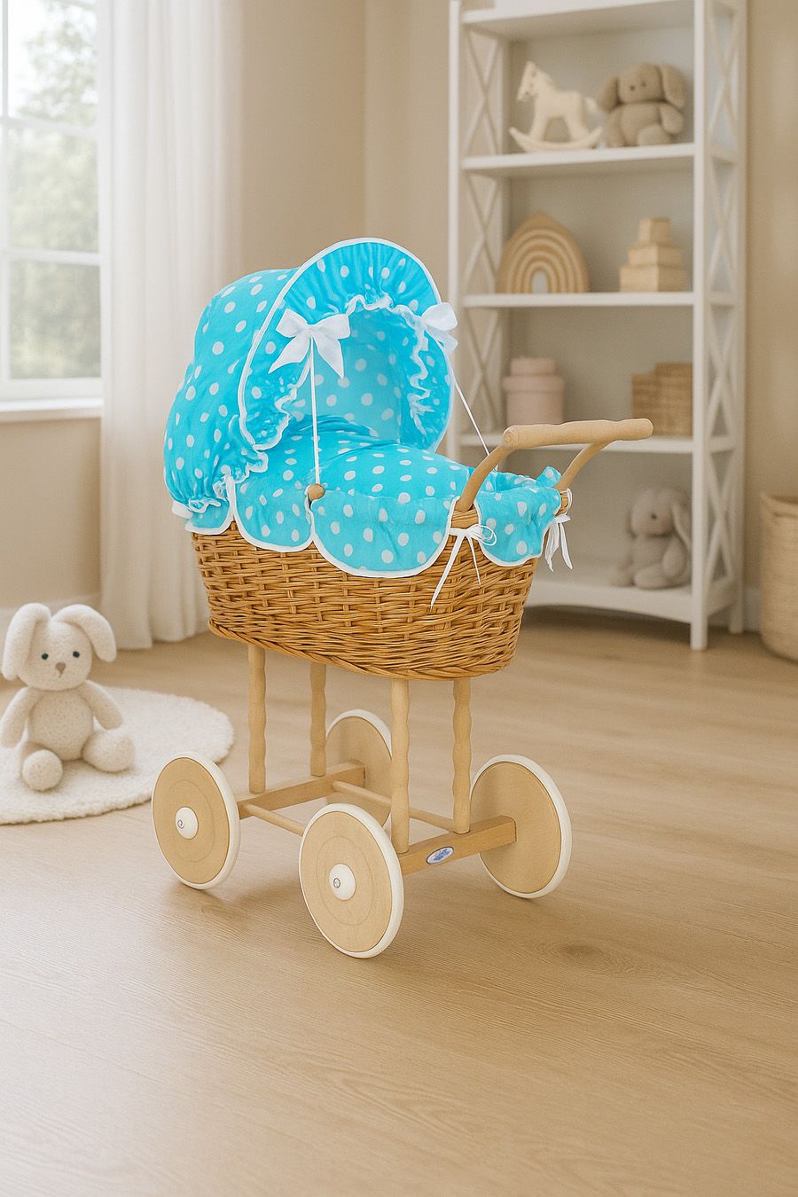 Wicker dolls' pram with turquoise bedding and padding NATALIA natural