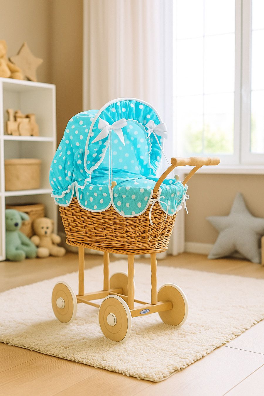 Wicker dolls' pram with turquoise bedding and padding NATALIA natural