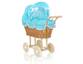Wicker dolls' pram with turquoise bedding and padding NATALIA natural