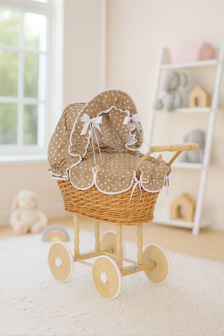 Wicker dolls' pram with brown bedding and padding NATALIA natural