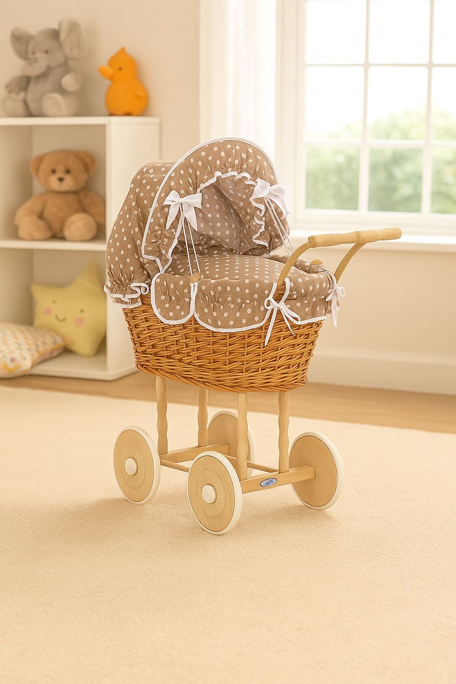 Wicker dolls' pram with brown bedding and padding NATALIA natural