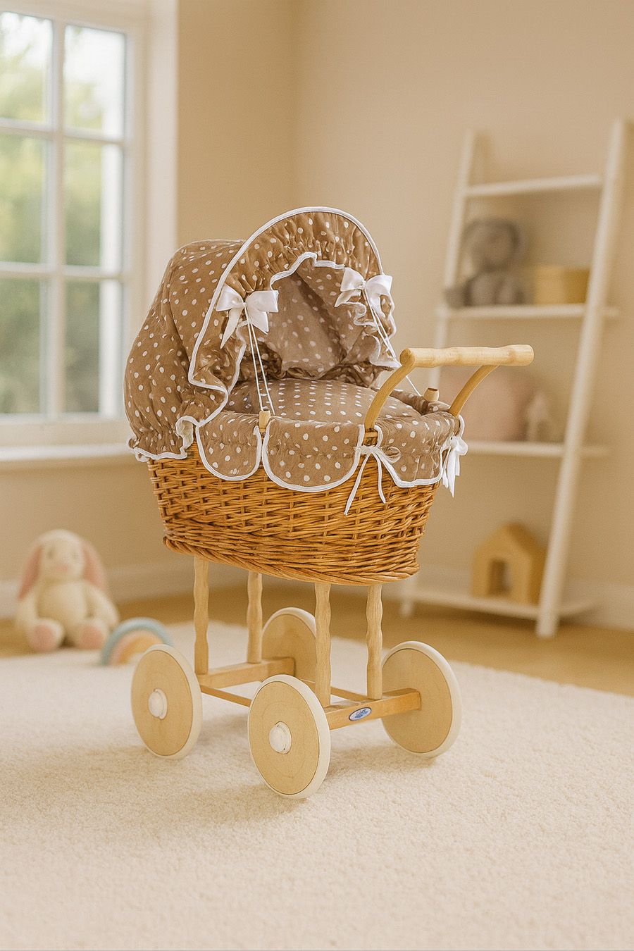 Wicker dolls' pram with brown bedding and padding NATALIA natural