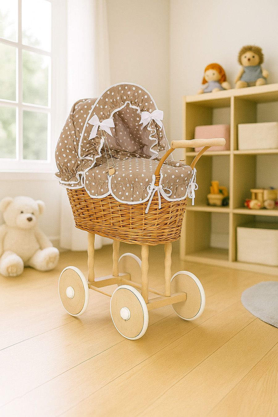 Wicker dolls' pram with brown bedding and padding NATALIA natural