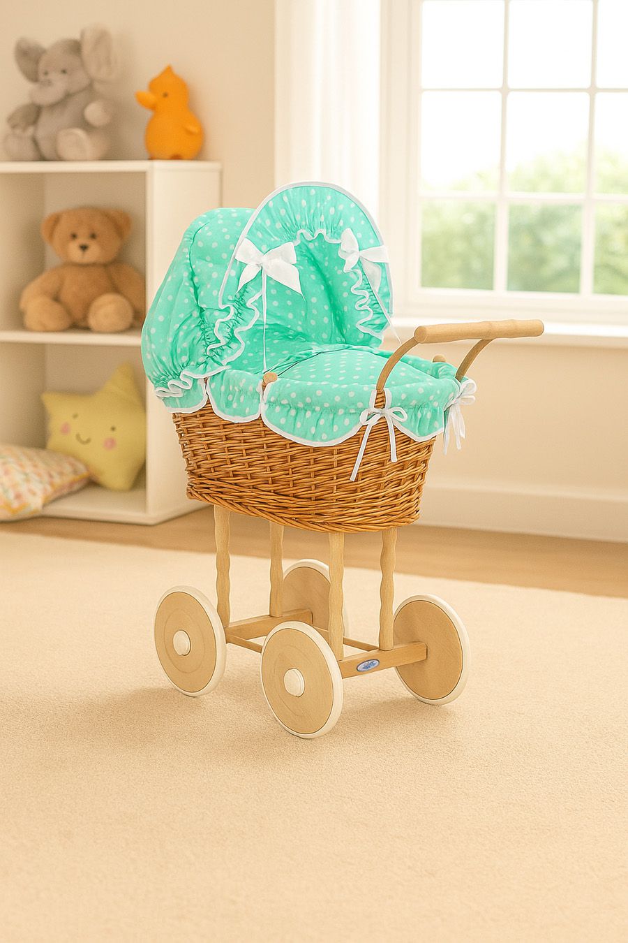 Wicker dolls' pram with mintbedding and padding NATALIA natural
