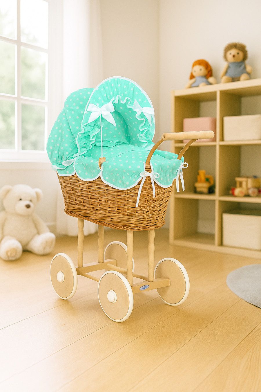 Wicker dolls' pram with mintbedding and padding NATALIA natural