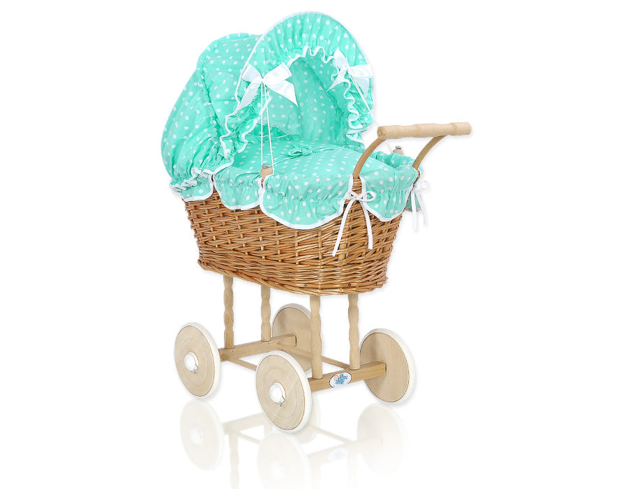 Wicker dolls' pram with mintbedding and padding NATALIA natural