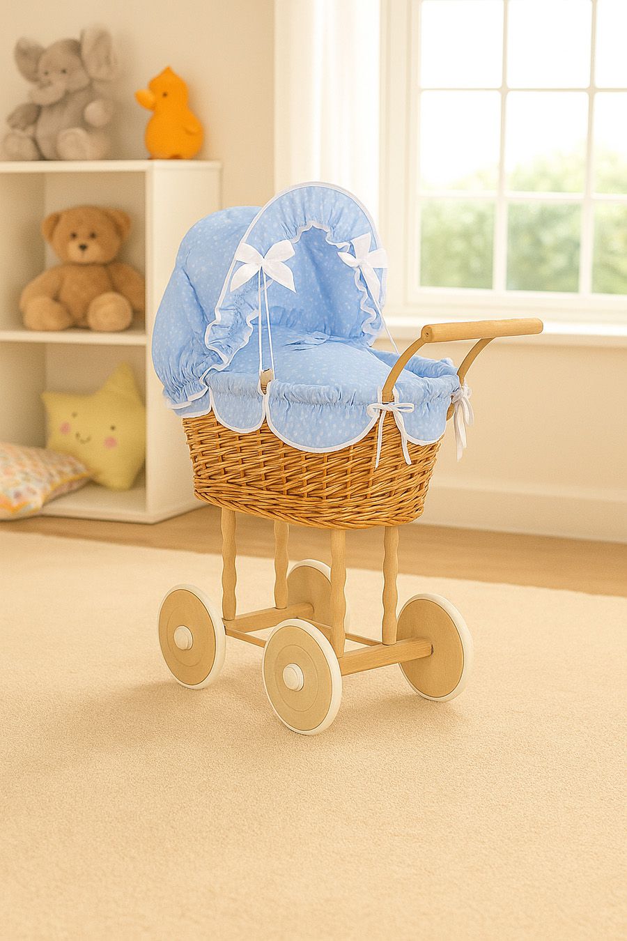 Wicker dolls' pram with blue bedding and padding NATALIA natural