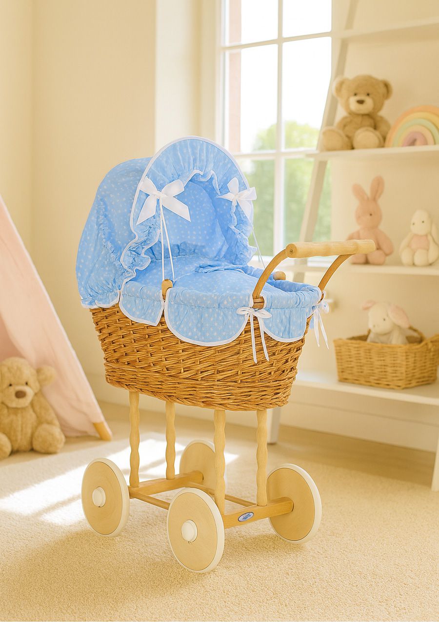 Wicker dolls' pram with blue bedding and padding NATALIA natural