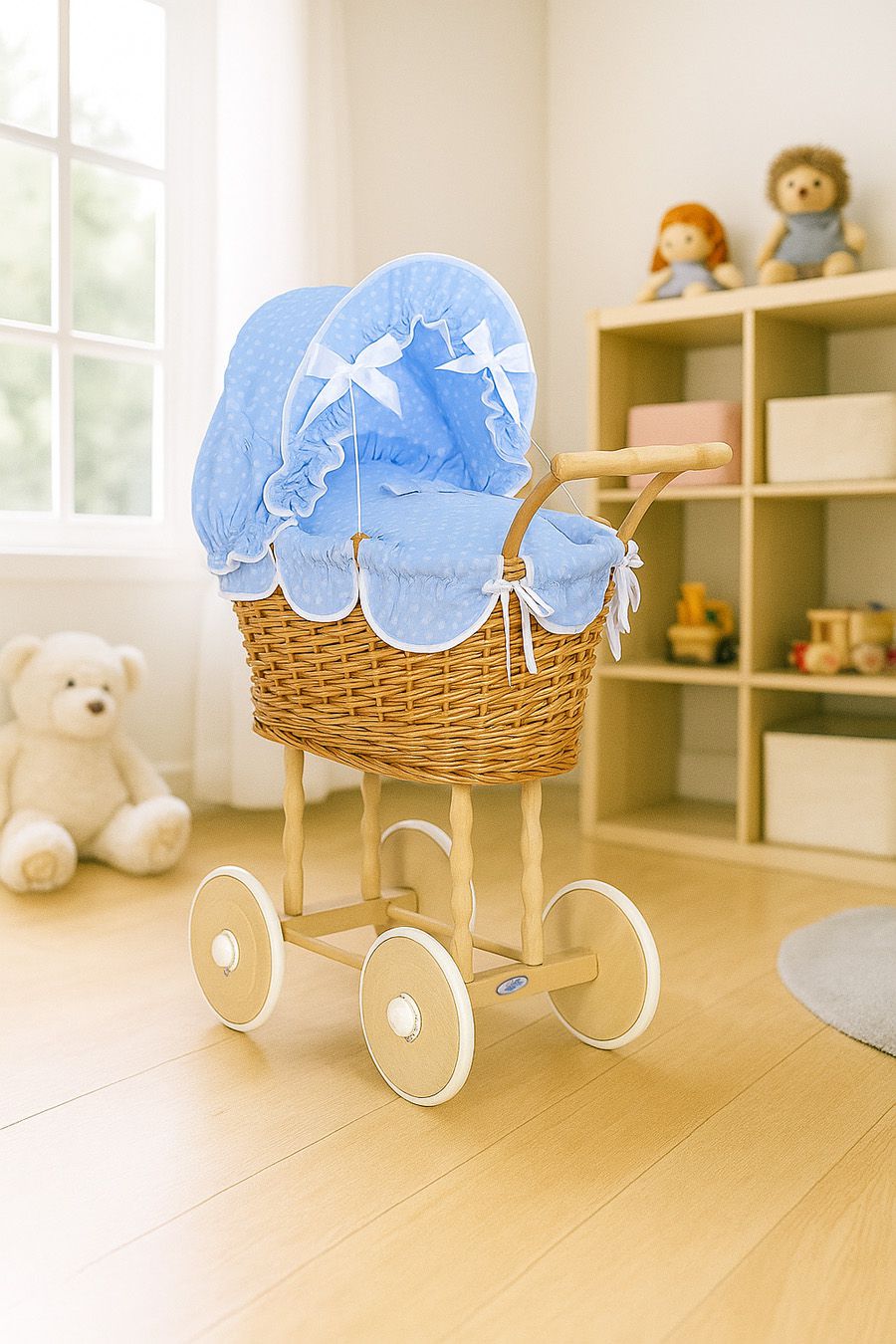 Wicker dolls' pram with blue bedding and padding NATALIA natural