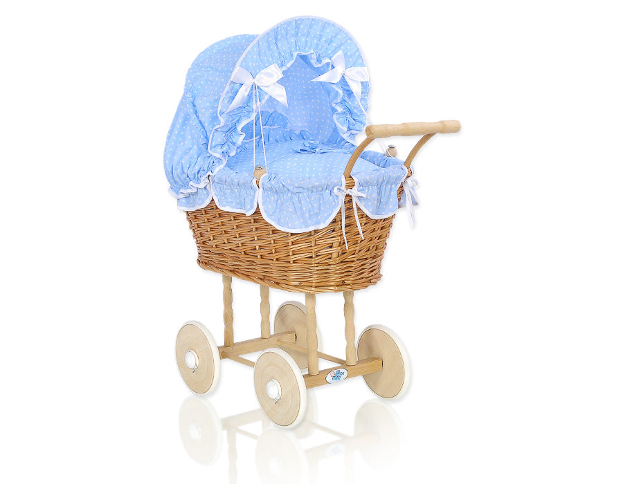 Wicker dolls' pram with blue bedding and padding NATALIA natural