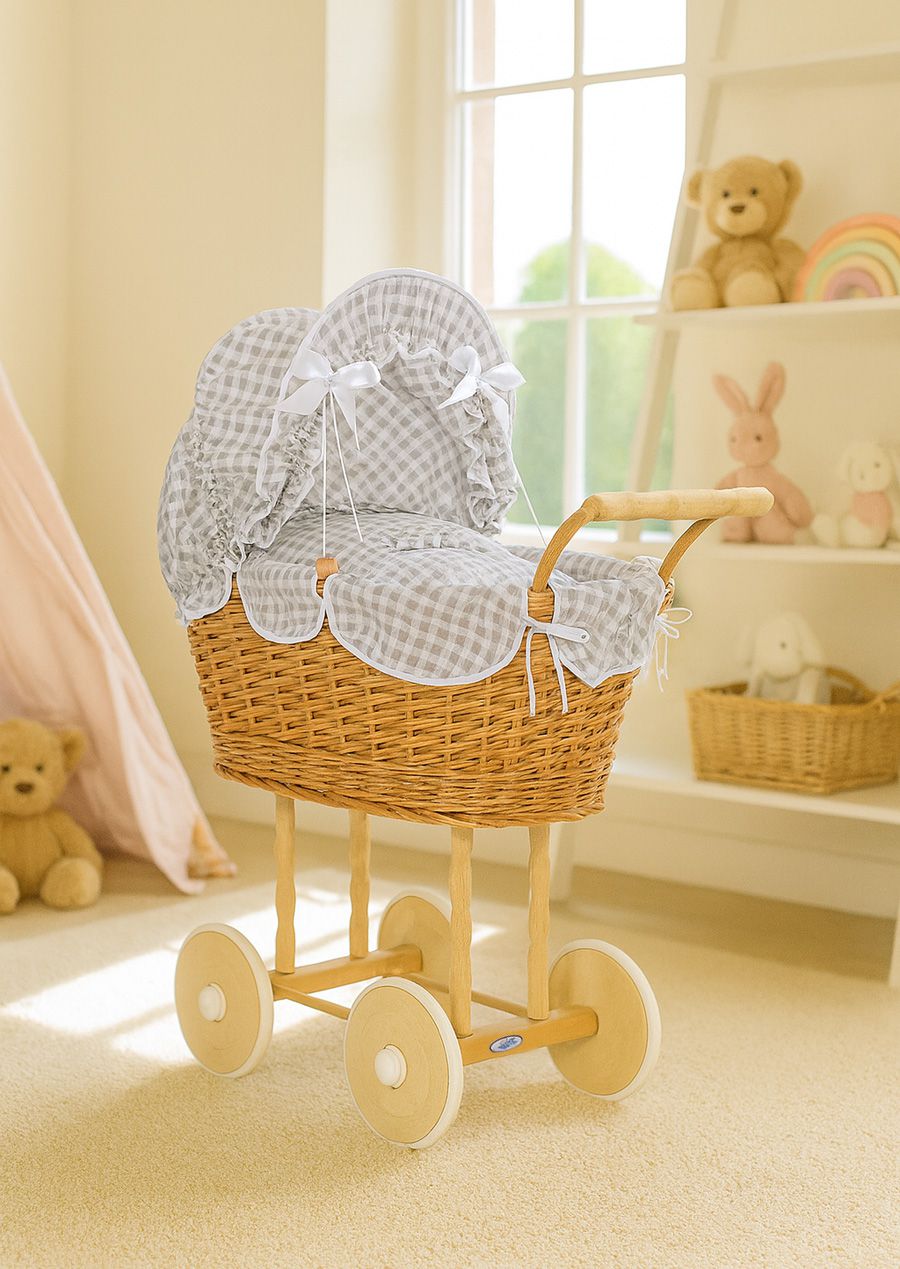 Wicker dolls' pram with grey bedding and padding NATALIA natural