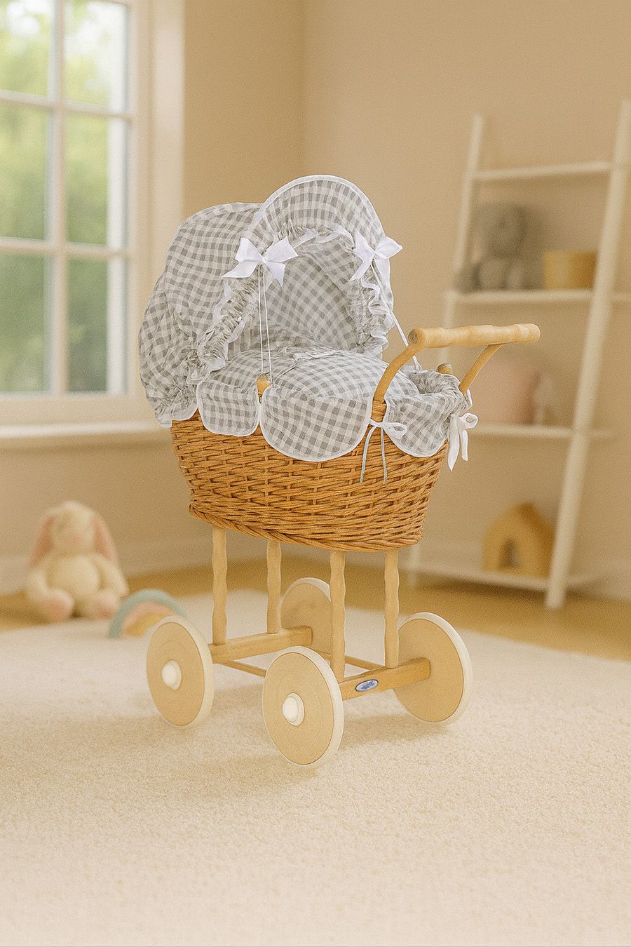 Wicker dolls' pram with grey bedding and padding NATALIA natural