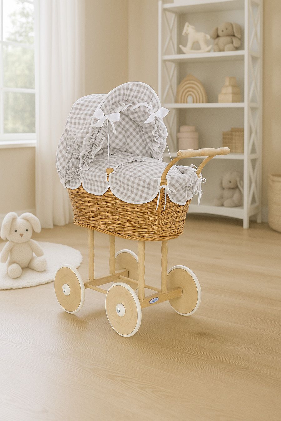 Wicker dolls' pram with grey bedding and padding NATALIA natural