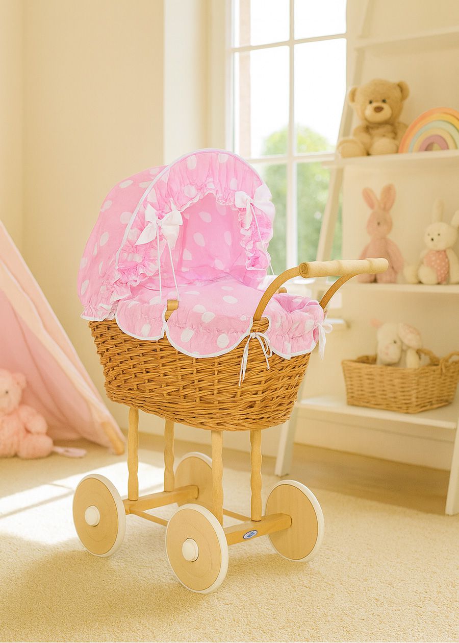 Wicker dolls' pram with pink bedding and padding NATALIA natural