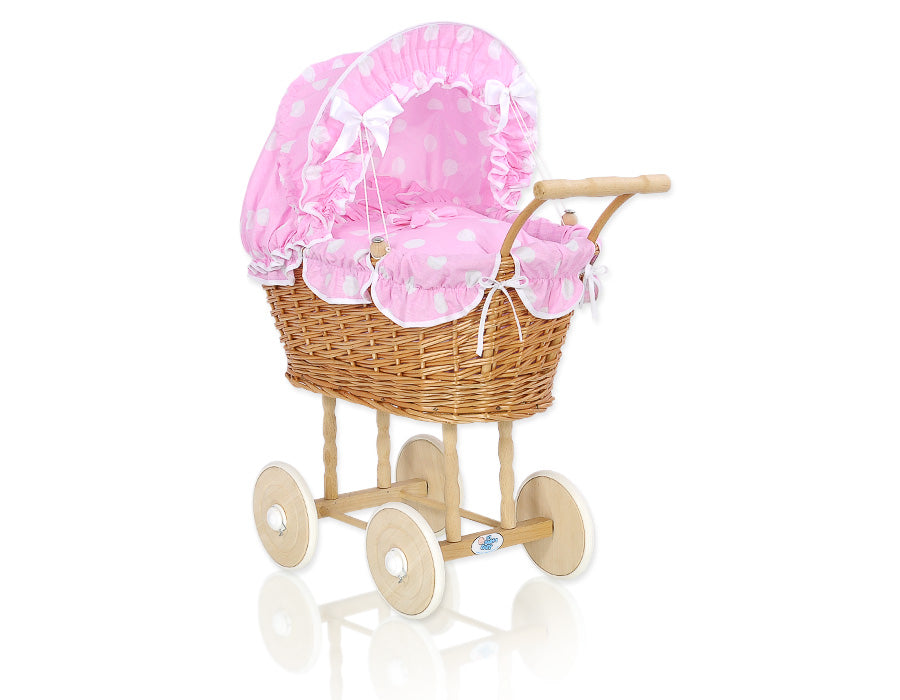 Wicker dolls' pram with pink bedding and padding NATALIA natural