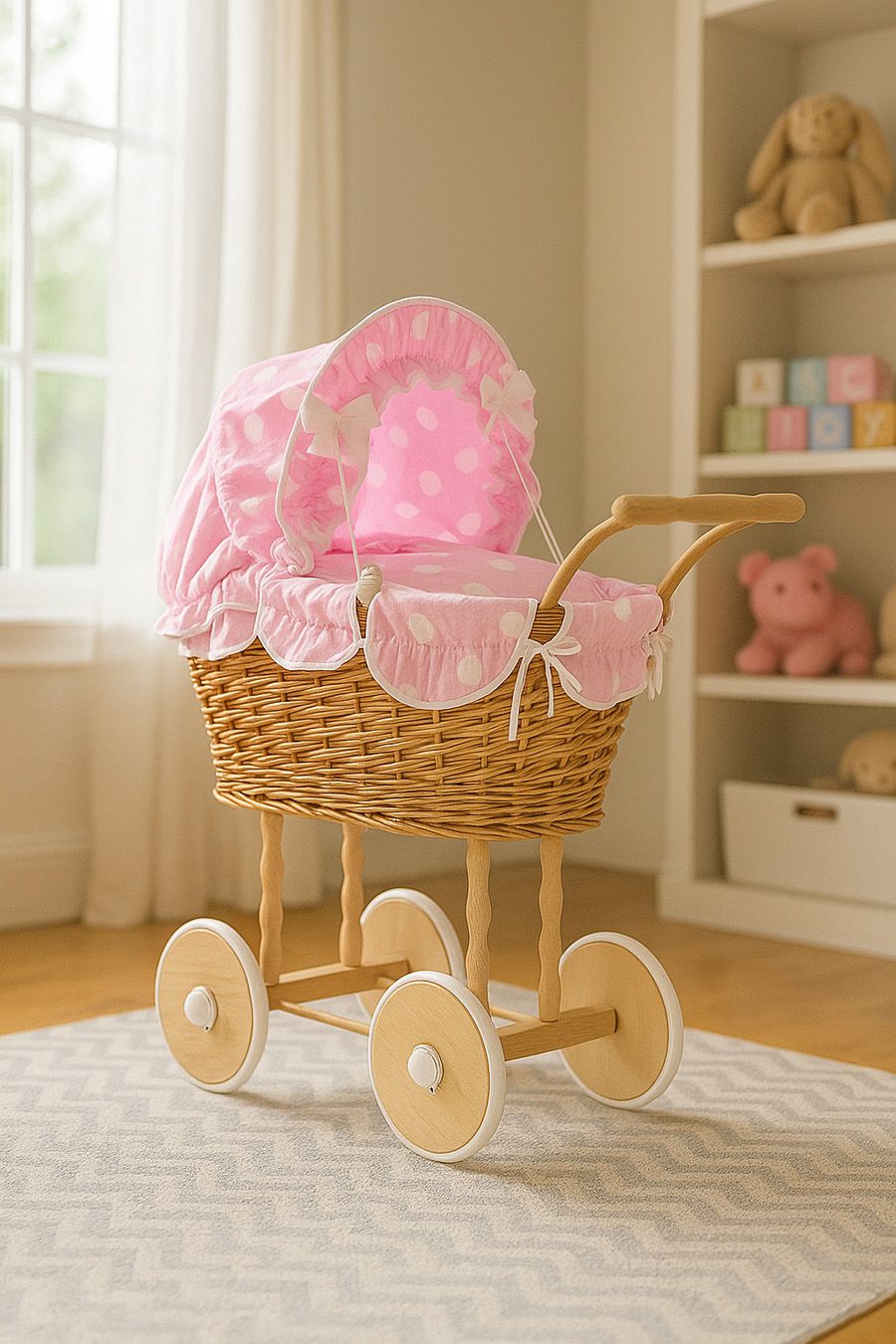 Wicker dolls' pram with pink bedding and padding NATALIA natural