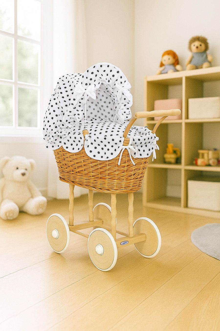 Wicker dolls' pram with white-black bedding and padding NATALIA natural