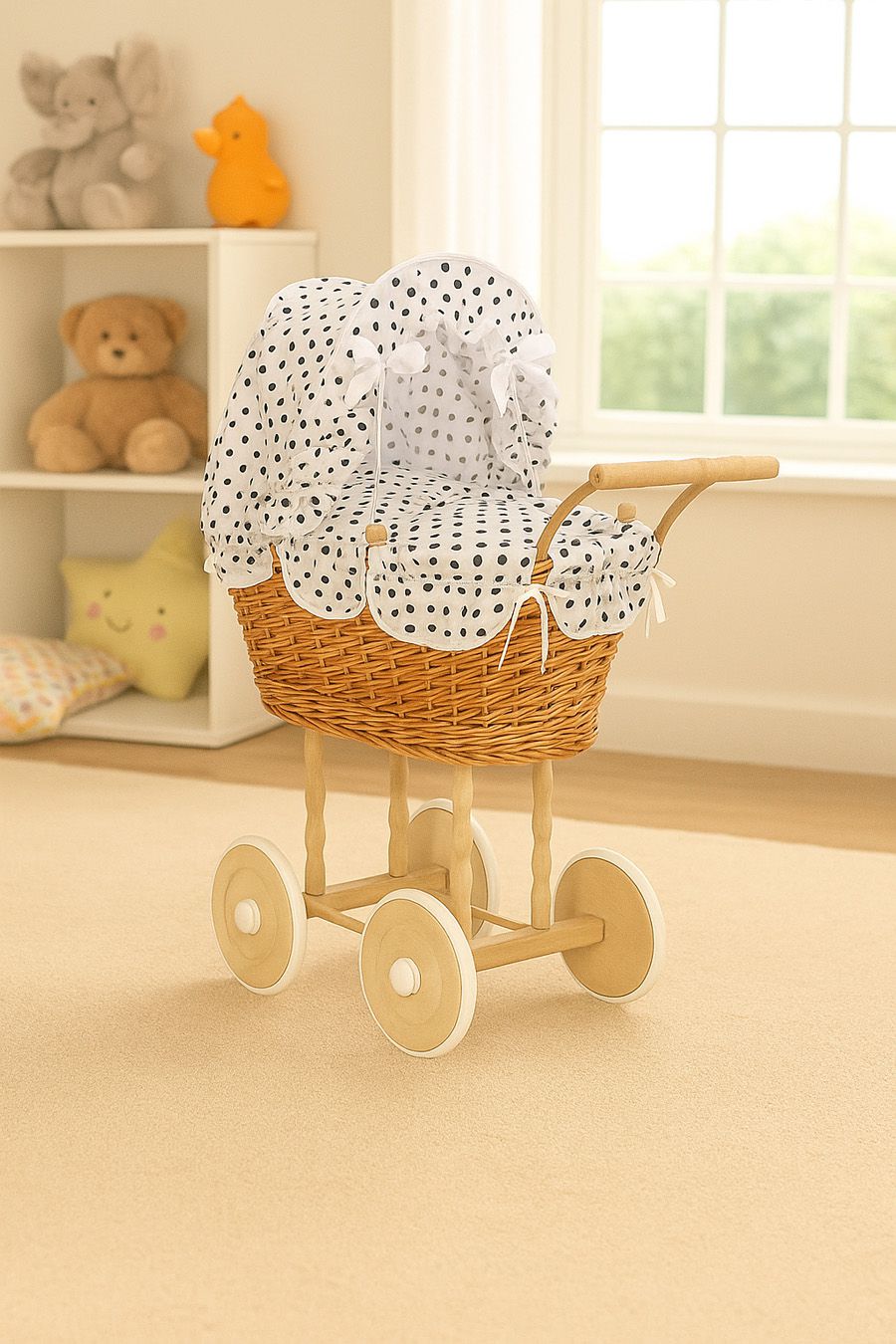 Wicker dolls' pram with white-black bedding and padding NATALIA natural