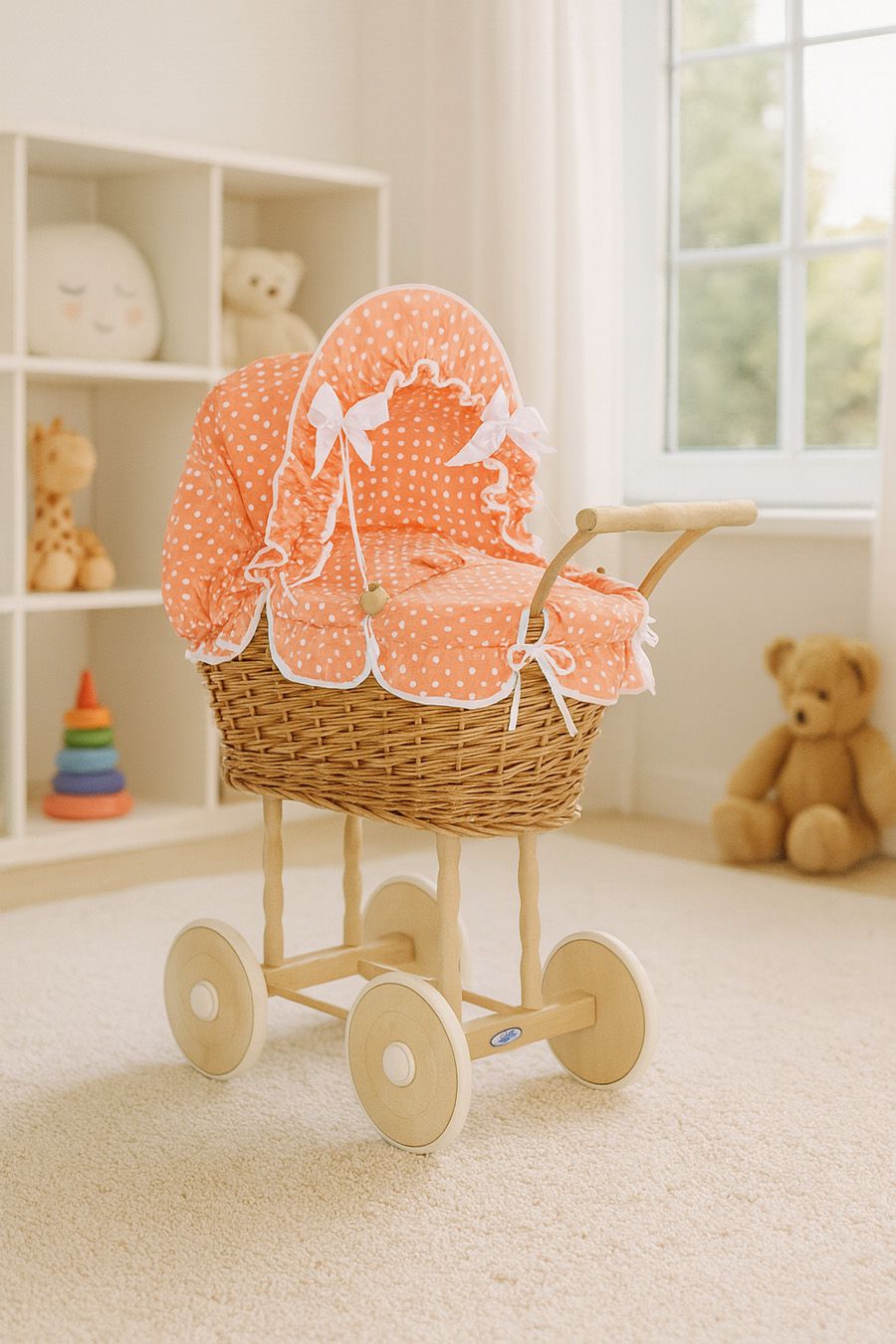 Wicker dolls' pram with peach bedding and padding NATALIA natural