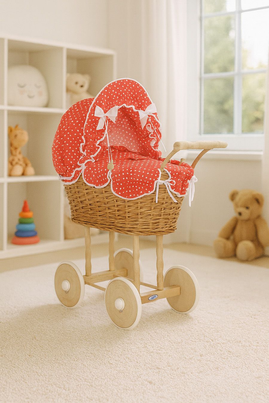 Wicker dolls' pram with red bedding and padding NATALIA natural