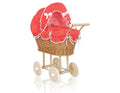 Wicker dolls' pram with red bedding and padding NATALIA natural