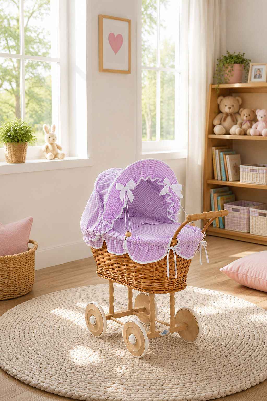 Wicker dolls' pram with lila bedding and padding NATALIA natural