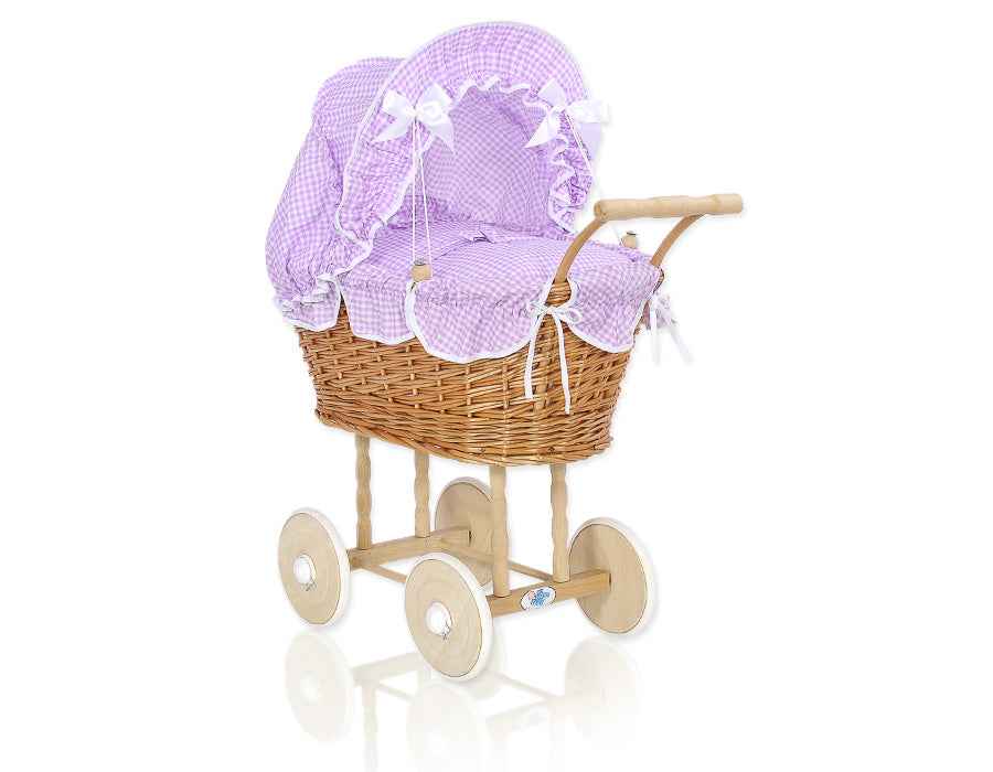 Wicker dolls' pram with lila bedding and padding NATALIA natural