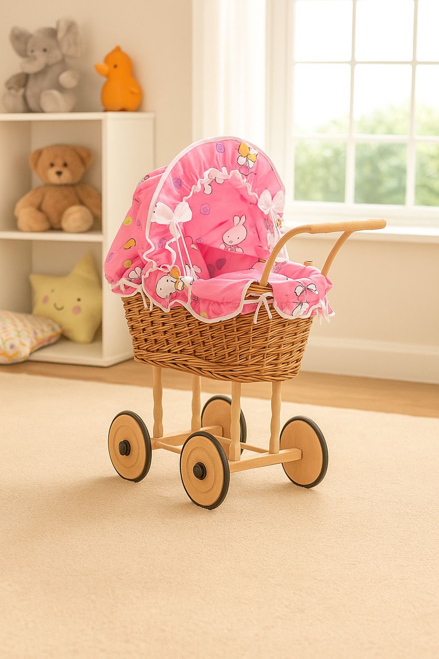 Wicker dolls' pram with pink bedding and padding NATALIA natural