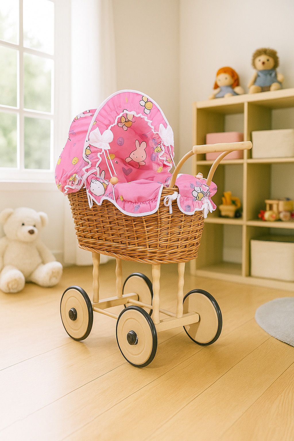 Wicker dolls' pram with pink bedding and padding NATALIA natural