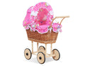 Wicker dolls' pram with pink bedding and padding NATALIA natural