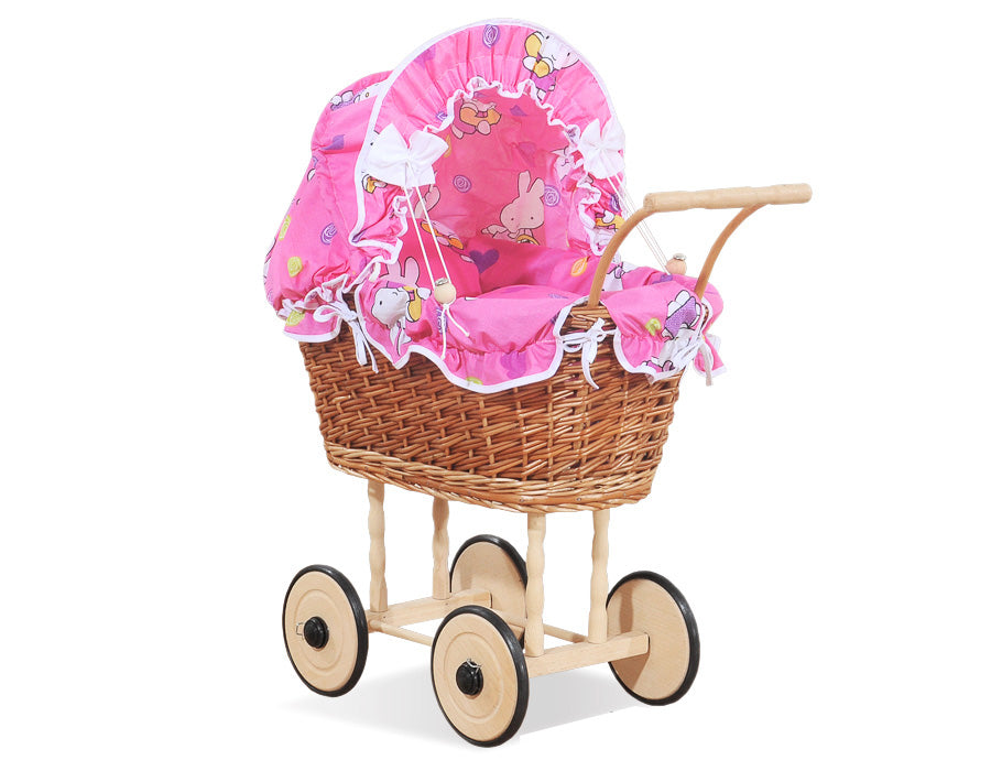 Wicker dolls' pram with pink bedding and padding NATALIA natural