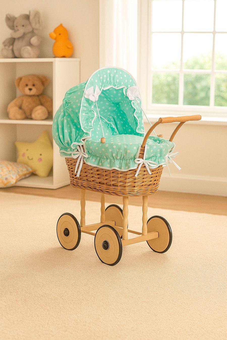 Wicker dolls' pram with mint bedding and padding NATALIA natural