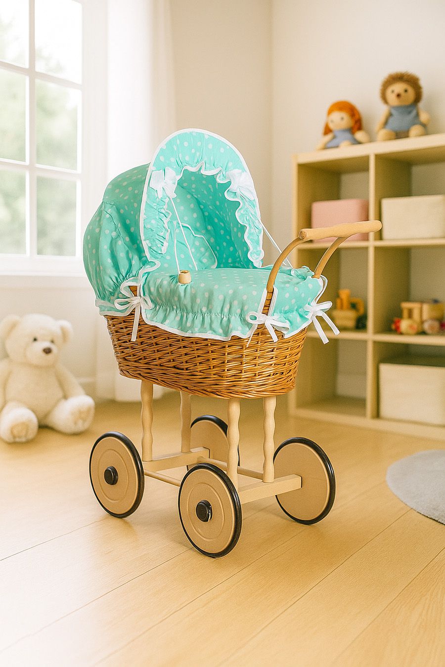 Wicker dolls' pram with mint bedding and padding NATALIA natural