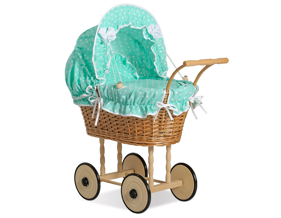 Wicker dolls' pram with mint bedding and padding NATALIA natural