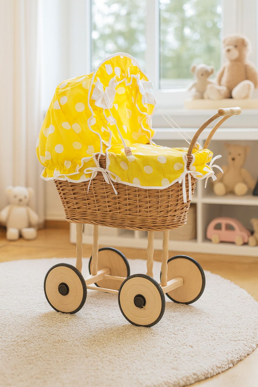 Wicker dolls' pram with yellow bedding and padding NATALIA natural