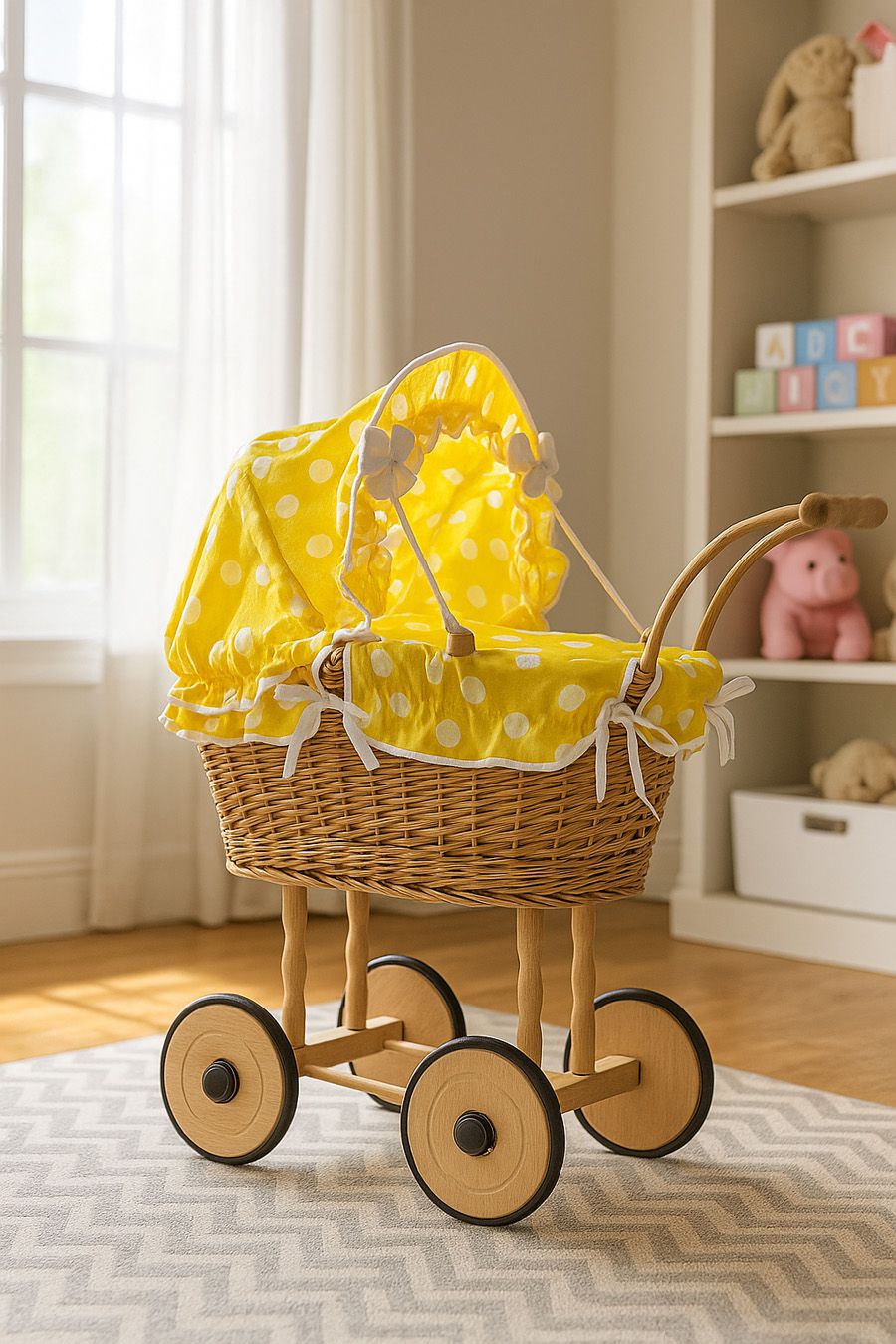 Wicker dolls' pram with yellow bedding and padding NATALIA natural