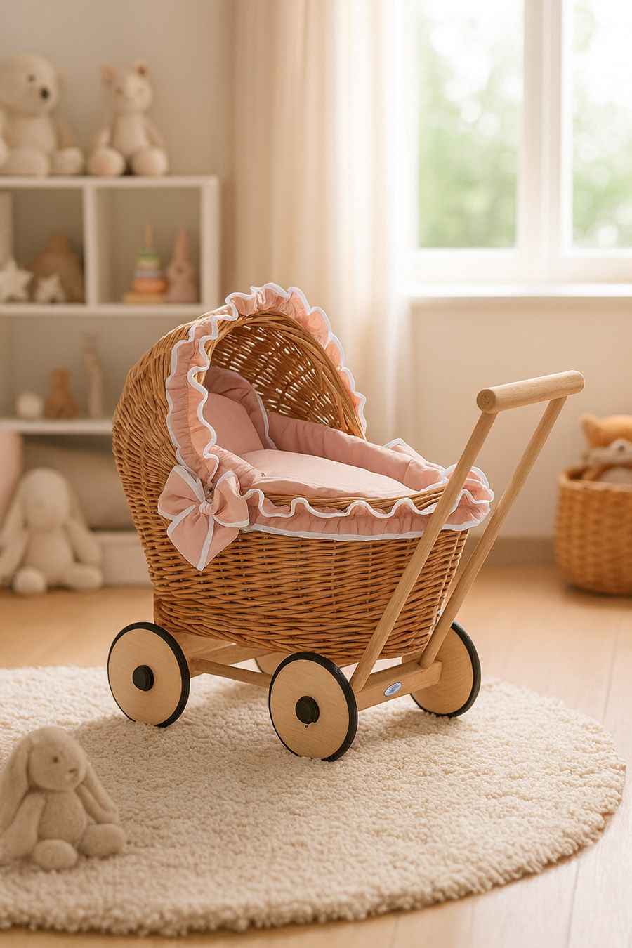 Wicker doll pushchair with bedding old rose and soft padding CHIARA - natural
