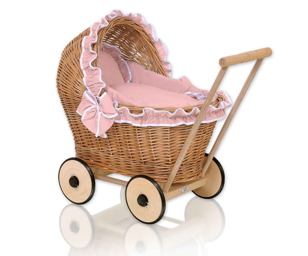 Wicker doll pushchair with bedding old rose and soft padding CHIARA - natural