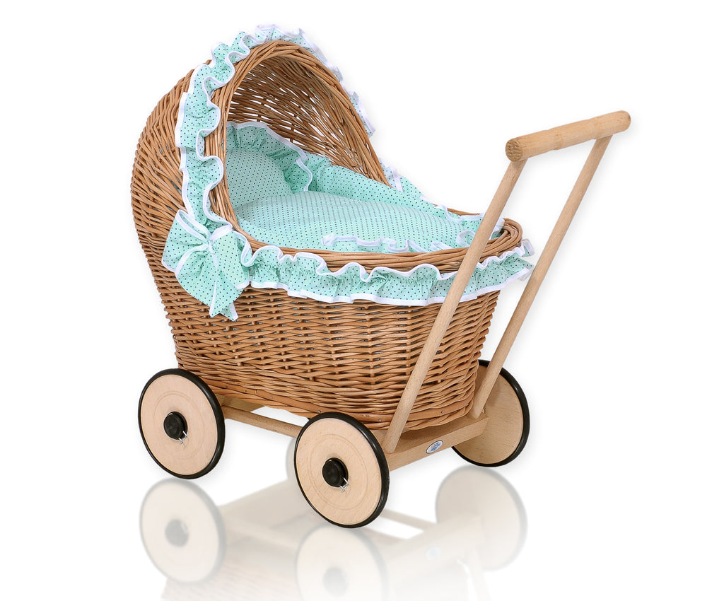 Wicker doll pushchair with mint bedding and soft padding CHIARA - natural