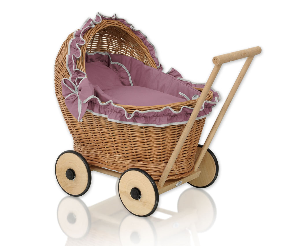 Wicker doll pushchair with bedding dusty rose and soft padding CHIARA - natural
