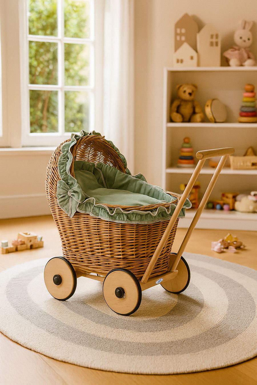 Wicker doll pushchair with sage bedding and soft padding CHIARA - natural