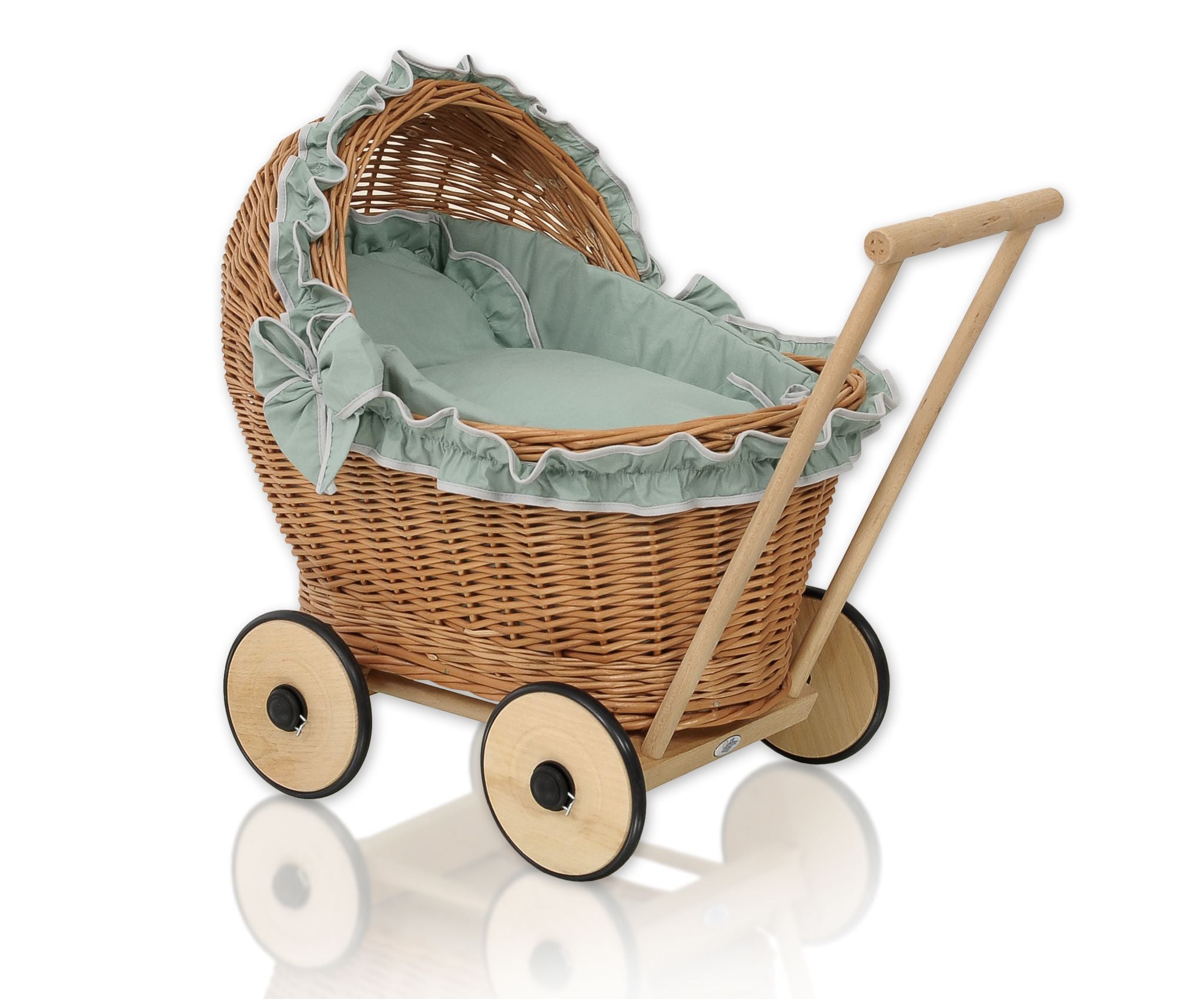 Wicker doll pushchair with sage bedding and soft padding CHIARA - natural